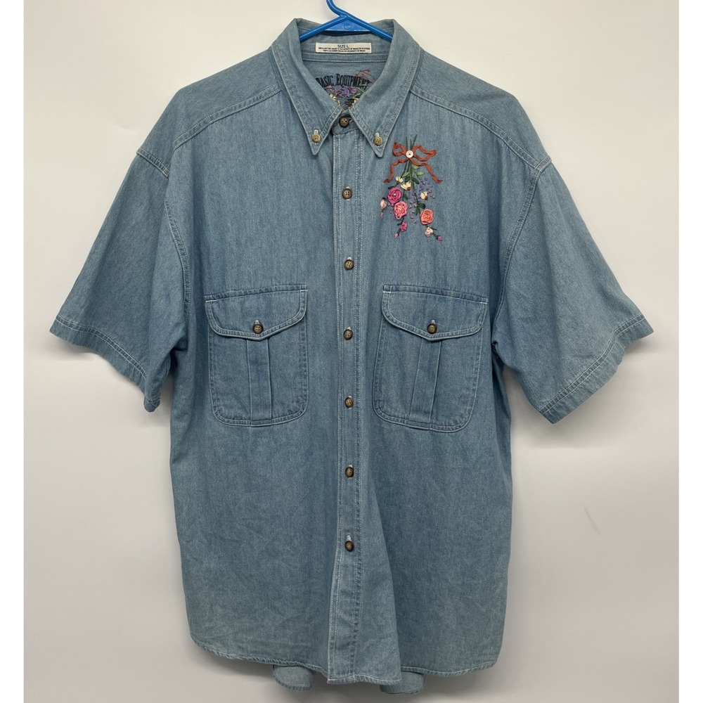 VTG Embroidered Floral Denim Shirt Large Cotton Cottage Grannycore Rose Bouquet